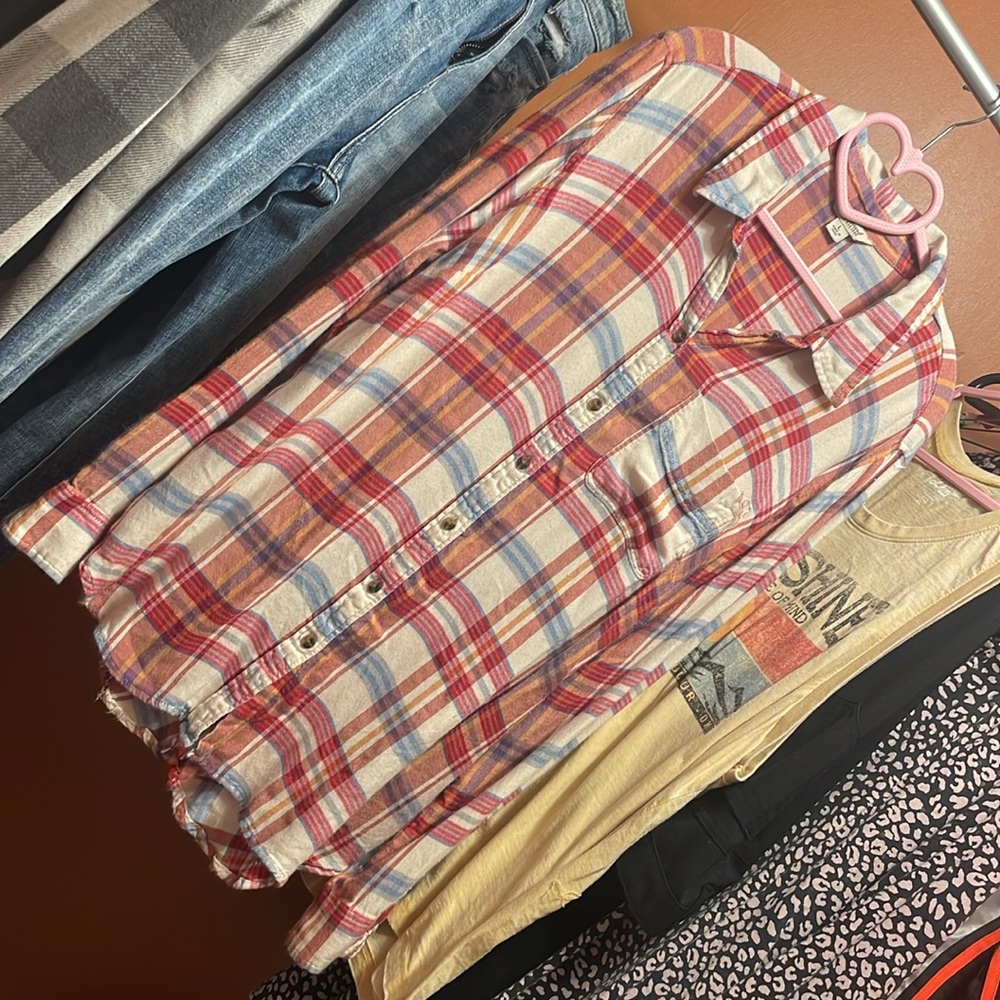 Women’s large flannel shirt. Preowned. Red white and blue button up. Lucky brand